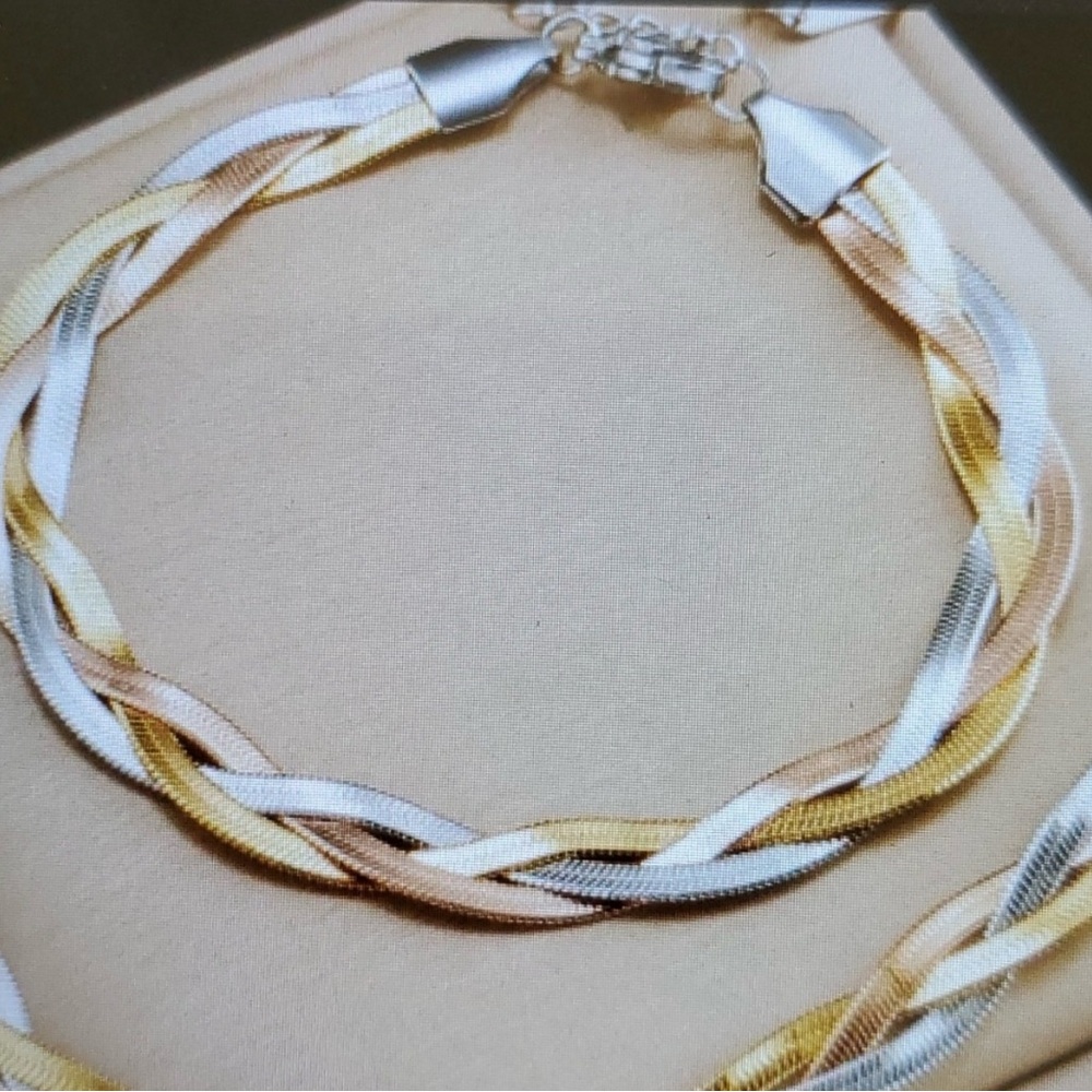 Tri-Tone Twisted Chain Necklace and Bracelet Set - Gold, Silver, Rose Gold
